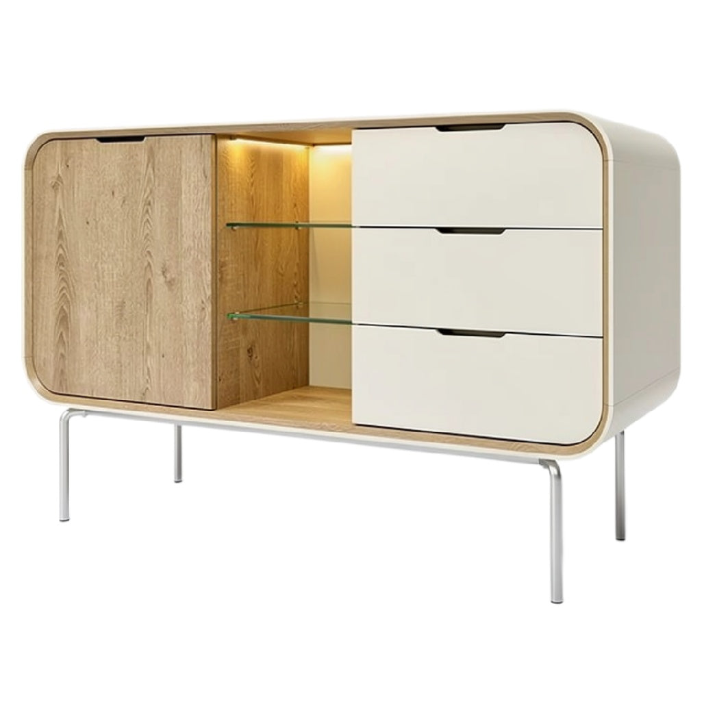 Moderne Dressoir met Houten Deuren en Glazen Planken