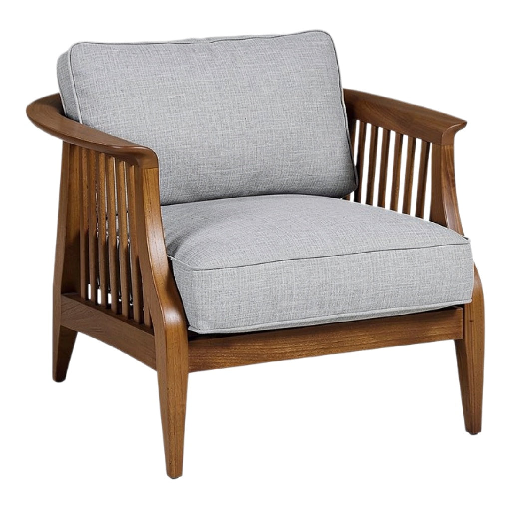 Moderne Houten Fauteuil met Grijze Kussens en Open Rugleuning